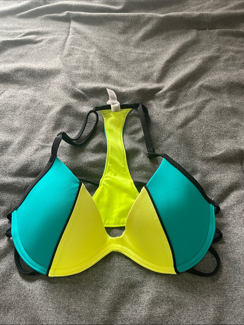 PINK Victoria's Secret Neon Yellow and Teal Colorblock Racerback Bikini Top